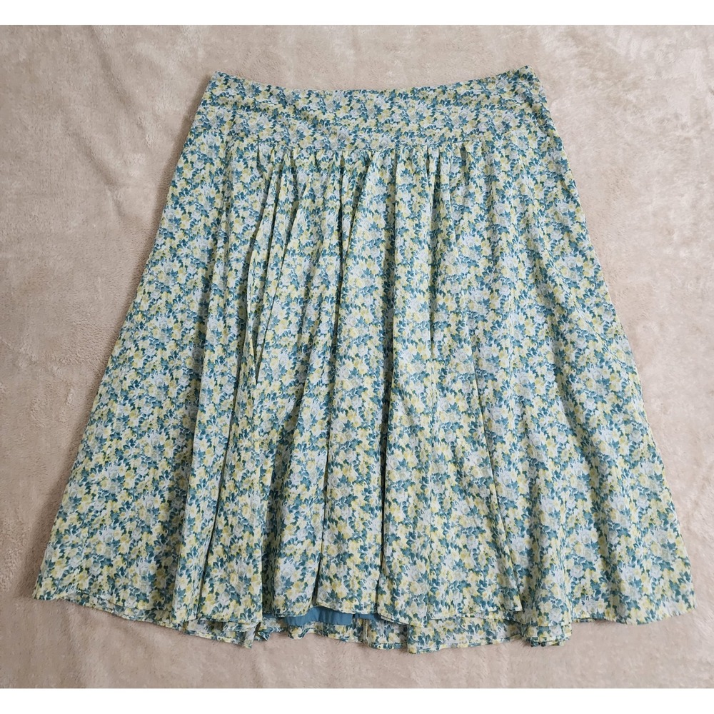Talbots Floral Cotton Midi Skirt Blue Yellow Green A-Line Lined